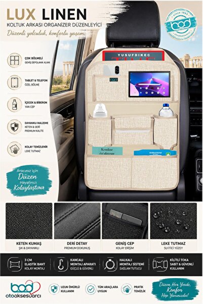 Bod Lux Linen Series Linen & Leather Seat Back Organizer In-Car Organizer Beige
