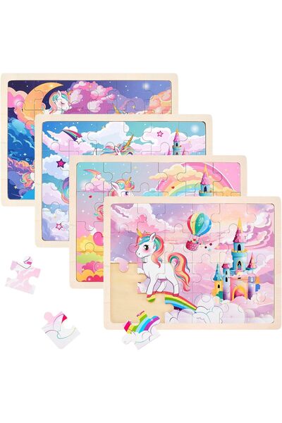 OtherMax Puzzle din lemn pentru copii, fete, set de 4 piese, model Unicorn — ...