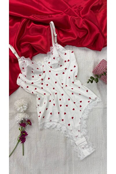 ARONA Fitilli Pamuklu Kalp Desenli Çıtçıtlı Body