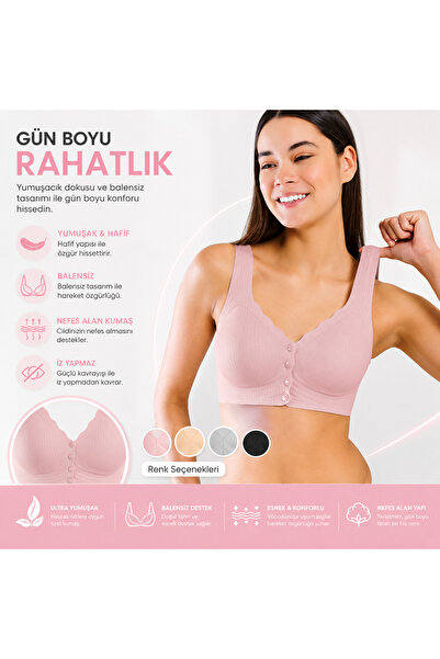 Yeni İnci Women's Front Open Snap Fastener Wire Free Bra Wide Straps Soft Tex...