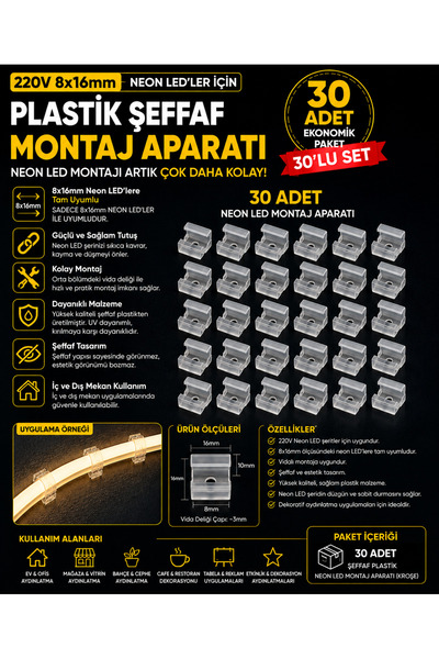 ECONA 30 ADET Neon Led Tutucu Klips 1 Vidalı Duvar Aparatı,Bağlantı Montaj Ap...