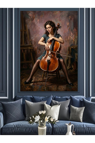 Artmeg Femeie creță care cântă la violoncel - Pânză decorativă - Masă din lem...