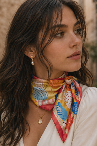AFVENTE Sea Shells Pattern Coral Satin Bandana Scarf 50×50 cm