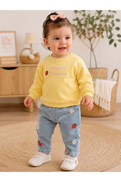 gültekin bebe Baby Bu Çilek Nakışlı Kot Pantolonlu İkili Takım 9-24 Aylık -BA...