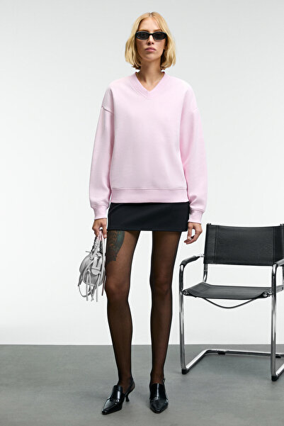 ETHIQUET ARINEL Kadın V Yaka Regular Fit Pembe Sweatshirt