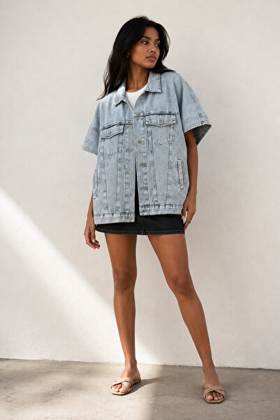 SHEVEGA Buz Mavi Oversize Panço Kolsuz Kot Denim Jean Yelek