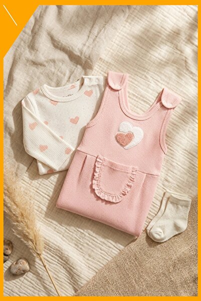 Generic Brand Cotton Ribbed Baby Salopet Set 2-Piece Salmon 3-9 Months Socks