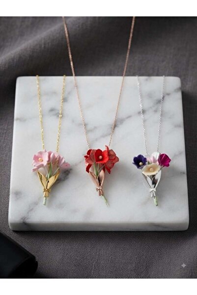 Papatya Silver 925 Ayar Gümüş Özel Tasarım Çiçekli Hediyelik Buket Kolye.rose.gold.rodaj Renk Seçeneği