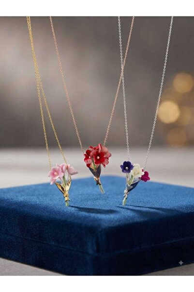 Papatya Silver 925 Ayar Gümüş Özel Tasarım Çiçekli Hediyelik Buket Kolye.rose.gold.rodaj Renk Seçeneği