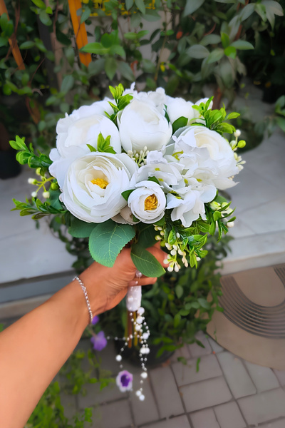 Aden Çiçek Evi Premium Beyaz Şakayık Gelin Buketi ve Damat Yaka Çiçeği – Nika...