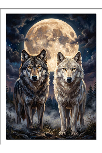 Artmeg Pânză decorativă Two Wolves Brotherhood sub lună plină - tablou din le...