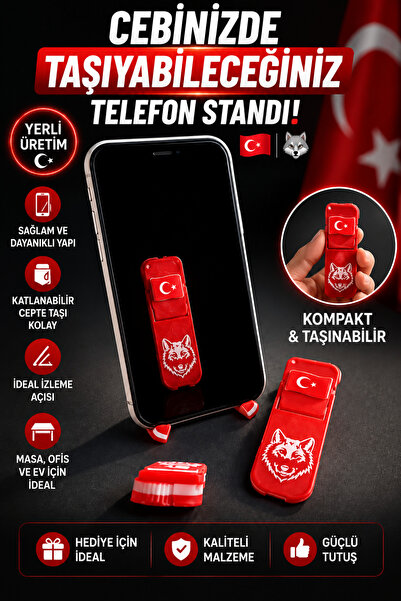 Türk Bayraklı Bozkurt Desenli Katlanabilir Cep Telefonu Standı | Taşınabilir Masaüstü Telefon Tutucu