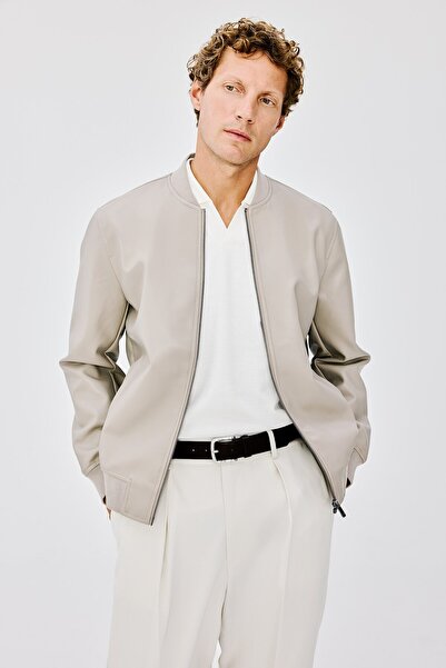 DeFacto Slim Fit College Collar Ribbed Zippered Faux Leather Bomber Coat Y536...