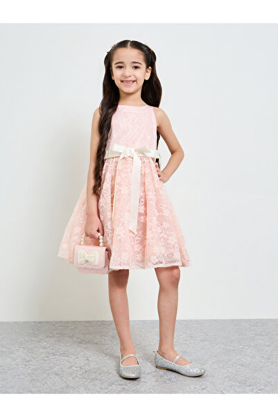 Take Two By Styli Girls Light Pink Lace A-Line Dress
