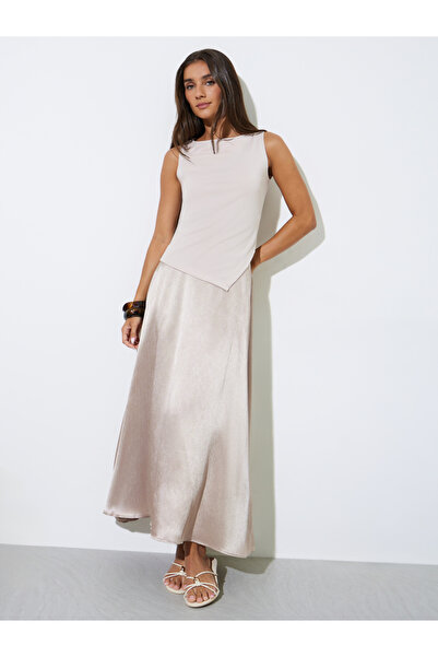 Styli Beige Solid Satin A-Line Midi Skirt