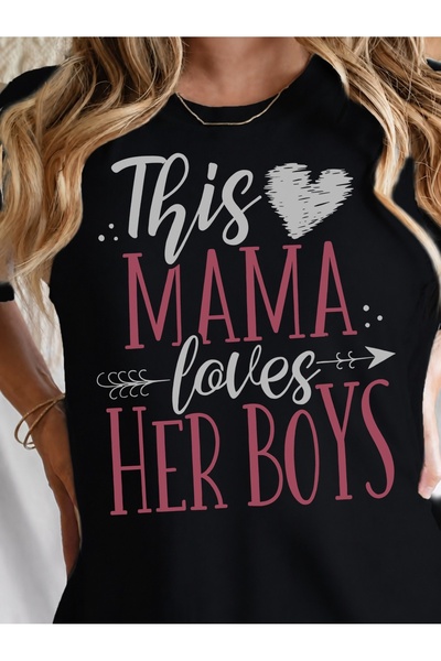 Generic Brand تي شيرت نسائي بطباعة "This Mama Loves Her Boys with Heart & Arr...