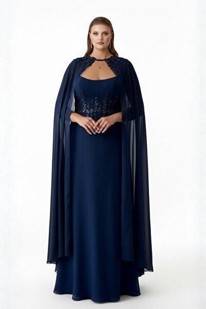 ÖMÜR INN Women's Plus Size Shoulder Fixed Cape Chiffon Evening Dress 6589 Nav...