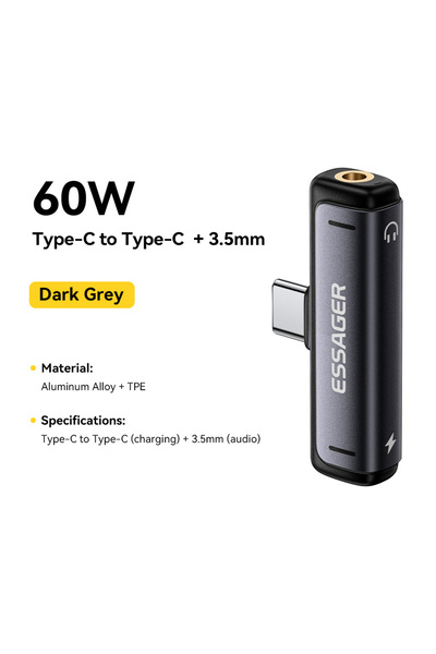 Choice1 ESSAGER C to C and 3.5mm Essager 2-in-1 USB Type C Adapter 60W Chargi...