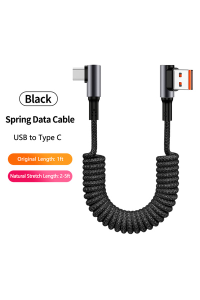 Choice3 1.5m Black DLR A-C Right Angle USB A to USB C Coiled Cable for Androi...