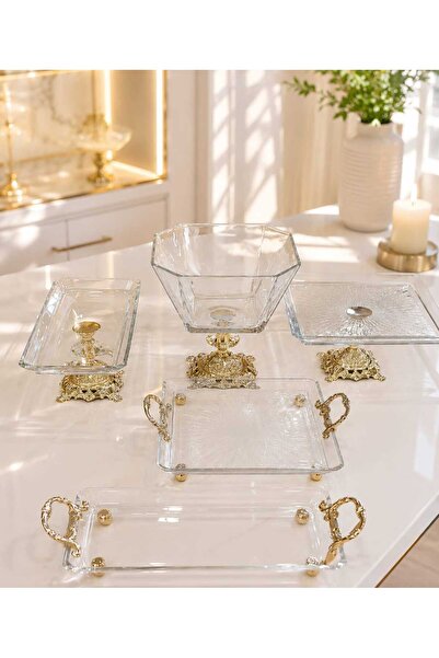Buldem Gold Footed Detailed Glass Presentation Set – Stylish Serving Tray, Bo...