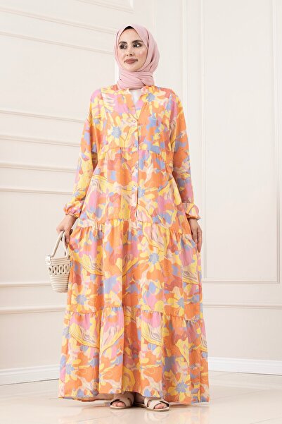 Sevitli Esin Half Button Robal Dress-Orange