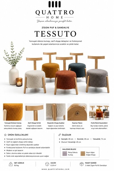 QUATTRO HOME Tessuto Peluş Kumaşlı Ahşap Sırtlı Puf & Sandalye