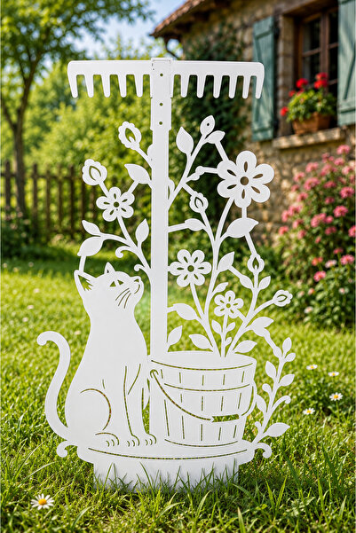 Metal Kedi ve Çiçek Figürlü Bahçe Dekoru 1 Metre Toprağa Saplamalı Bahçe Süsü