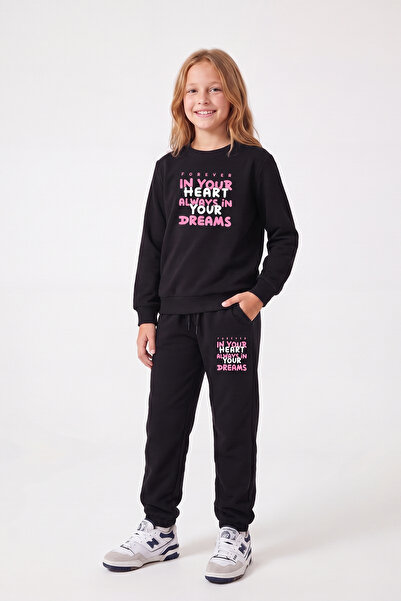 FYK KİDS Girl's Printed Crew Neck Double Pocket Tracksuit Set