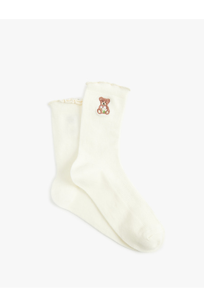 Koton Teddy Bear Embroidered Cotton Socks with Ruffle Detail
