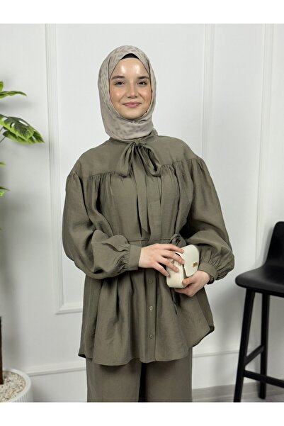 Sovel 3022 Waist-Tied Belt - Collar Detailed Peplum Trouser Suit
