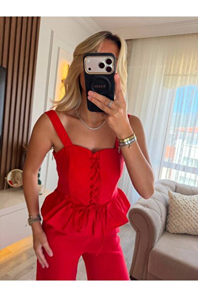 Hiloş Boutique Red Corseted Peplum Bustier with Lace Detail and Spanish Flare...