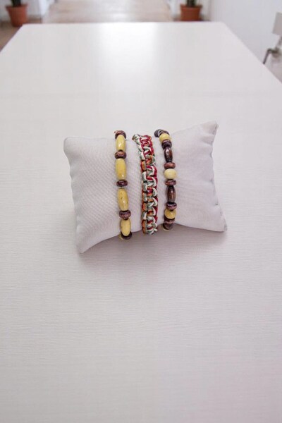 Serhat Aksesuar ve El İşçilik Brown Cream Natural Stone String Braided Triple...