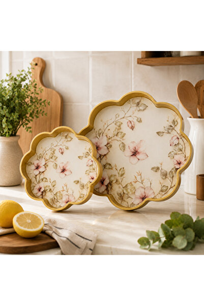 DENARO 2’li Papatya Form Çiçek Desenli Sunum Tepsisi Seti Gold Kenarlı 36 cm ...