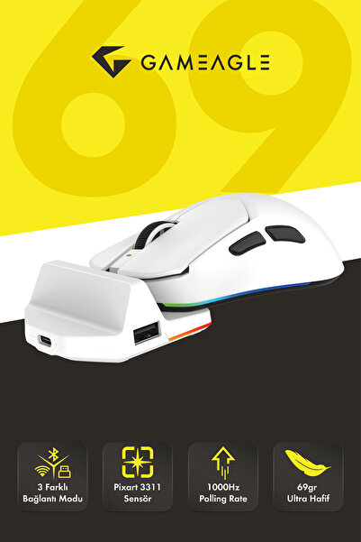 gameagle Tracker Pro RGB Kablosuz2.4Ghz+Bluetooth+Kablolu+Dock Şarj İstasyonlu 69gr 1KHz 12000DPI OyuncuMouse