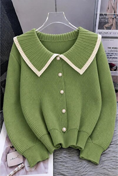 De Pose Soft Textured Button Detailed Knitwear Sweater Green