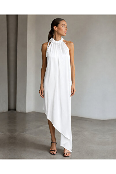 fasardi Rochie midi din satin, neagră, cu decolteu tip halter și croială asim...