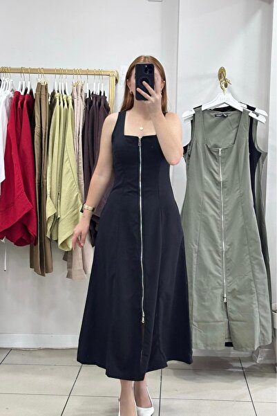 Pulli Collection Square Neck Zipper Front Long Dress with Straps