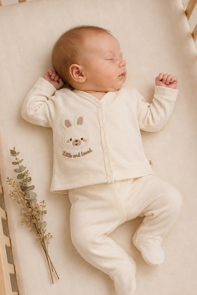 Divonette Unisex Baby Cute Rabbit Embroidered Snapback Set in Ecru 2-Piece Set