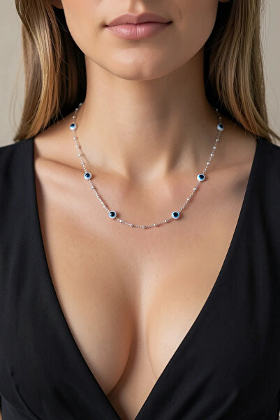 PRVT Nazar Boncuklu Dorika Silver Color Station Necklace