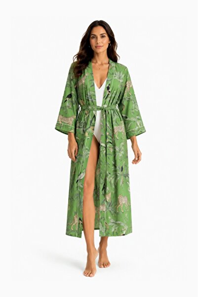 Genel Markalar Kadın %100 Pamuklu Safari Desenli El Baskısı Kimono - Kaftan (...