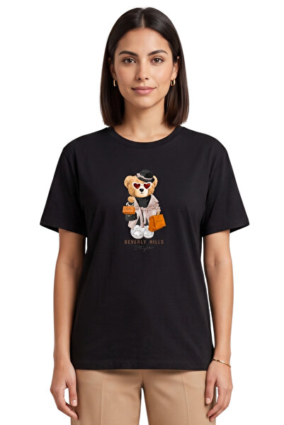 DK DAKSEL Women's Black Beverly Hills Teddy Bear Printed T-Shirt 100% Cotton ...
