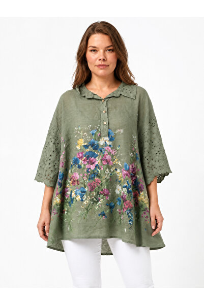 EtkiModa Women's Scalloped Bat Sleeve Loose Fit Italian Style Shirt Collar Tunic