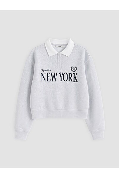 LC Waikiki Gray Polo Collar Oversize Women's Thick Sweatshirt
