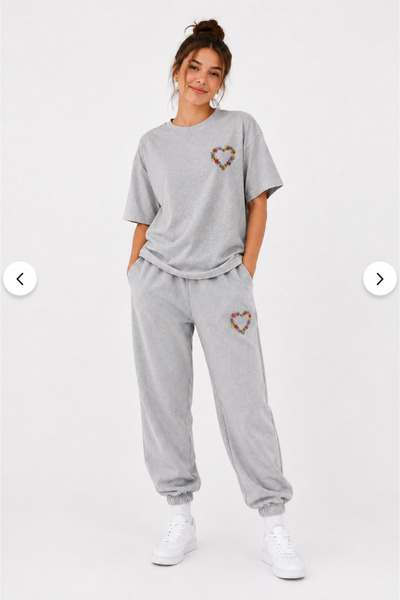 JAWÜ STYLE Floral Heart Detailed Oversize Cotton T-Shirt Tracksuit Set