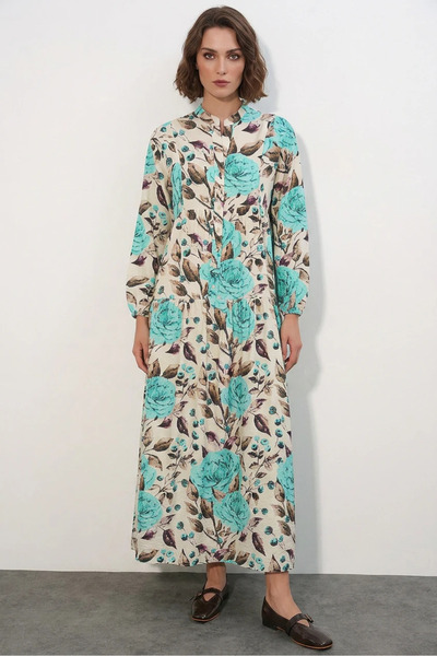 Efnaz style Women's Hakim Collar Floral Patterned Viscose Turquoise Hijab Dress