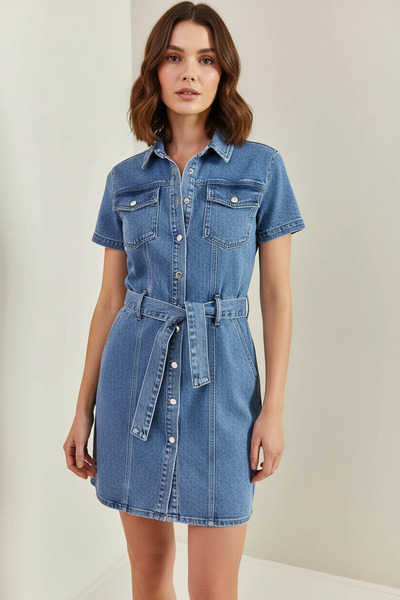 Generic Brand Women's Belted Snap Button Denim Blue Dress