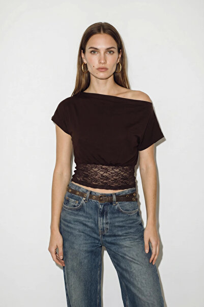 Şeker Portakalım Women's Boat Neck Waist-Fitted Lace Detailed Sandy Cotton Bi...