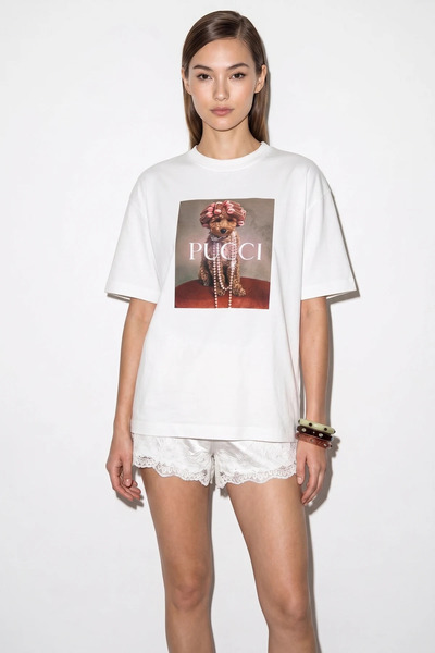 Şeker Portakalım Women's Poodle Printed Cotton Crew Neck Oversize Basic t Shi...