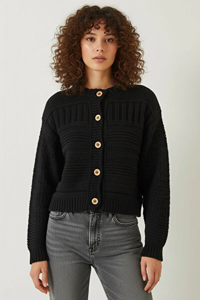 Efnaz style Women's Buttoned Patterned Knitwear Black Cardigan