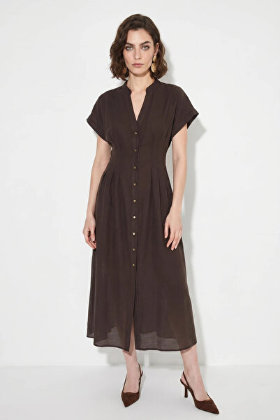 Efnaz style Women's V-Neck Lined Midi Bitter Brown Dress with Elastic Back an...